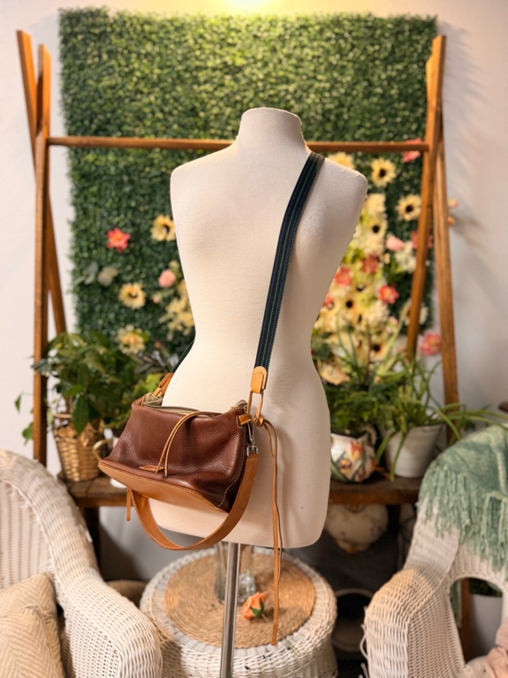 Consuela Two-Tone Brown Leather Crossbody with Black Strap
